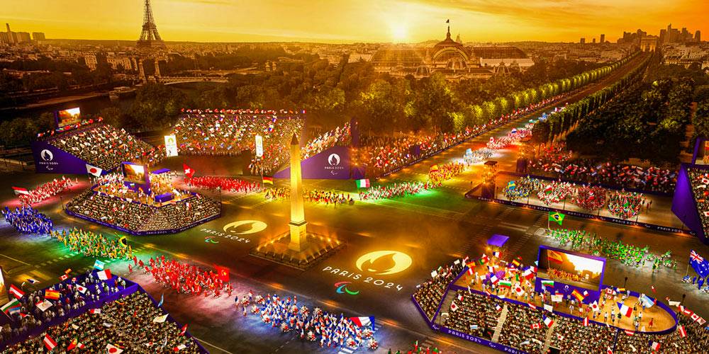 Opening ceremony of the Paris Olympics 2024 with spectacular fireworks and a vibrant crowd