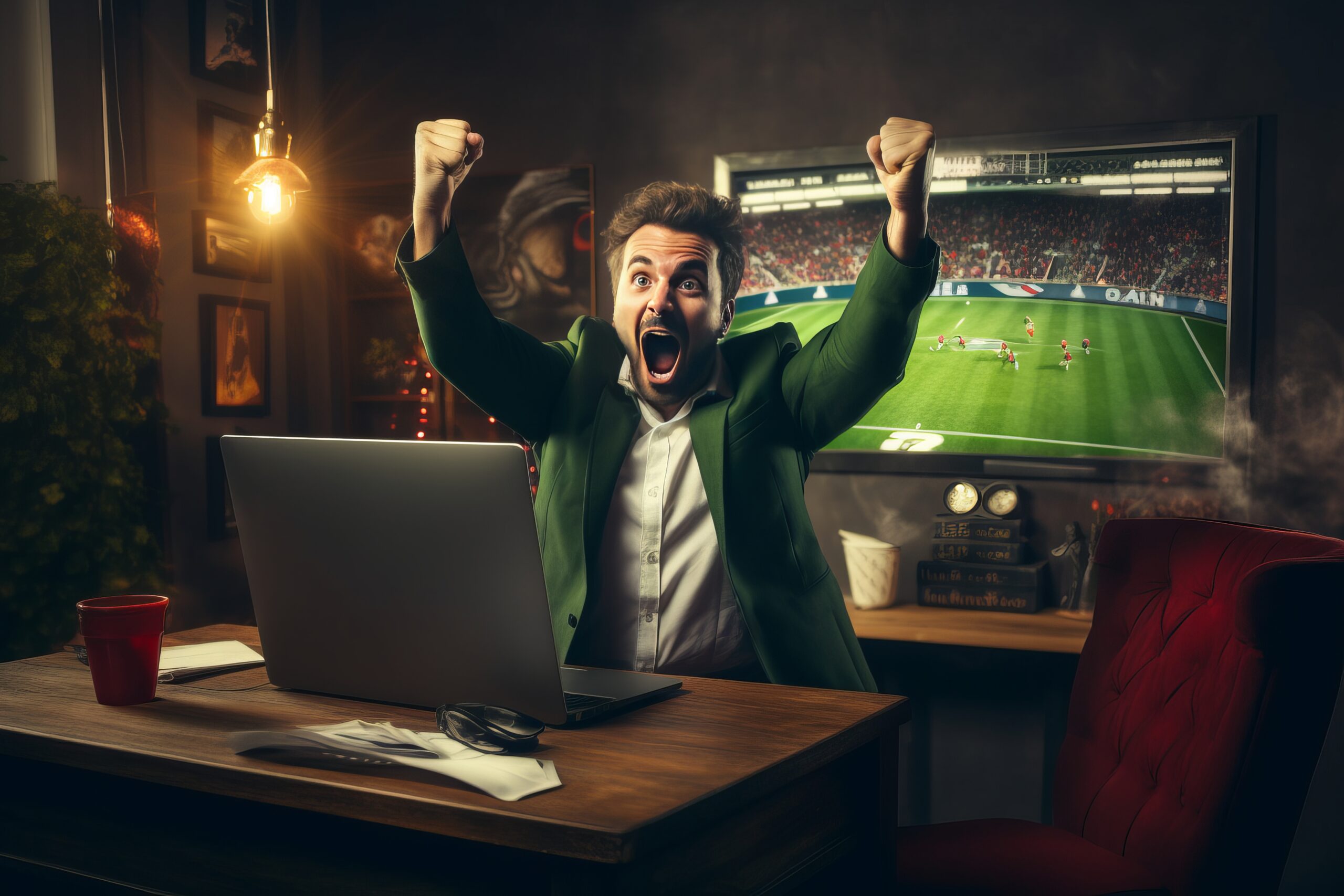 A bettor celebrating a massive win on a sports betting screen