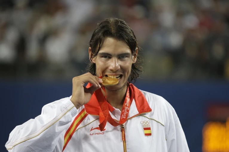 Rafael Nadal wearing his Olympic gold medal after winning in Beijing 2008.