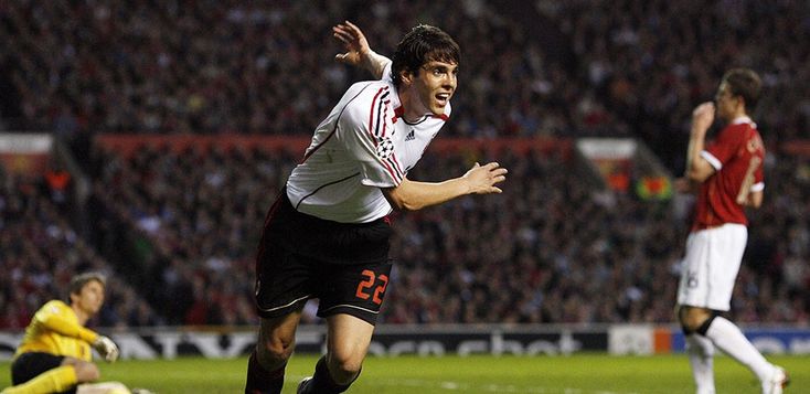 Kaka celebrating after scoring a stunning goal against Manchester United in the 2007 Champions League semifinal, showcasing his brilliance for AC Milan.