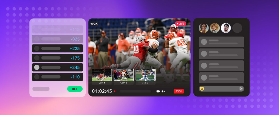 A digital interface showing a live-streamed American football game with integrated betting odds and user interactions, illustrating the connection between streaming and online betting.